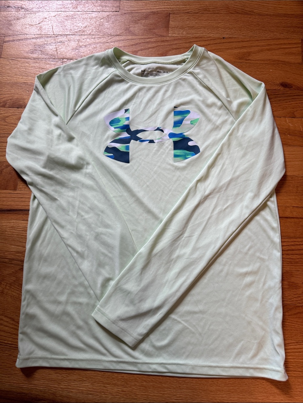 Under Armour Light Mint Long Sleeve Performance Tee with Blue Camo Logo